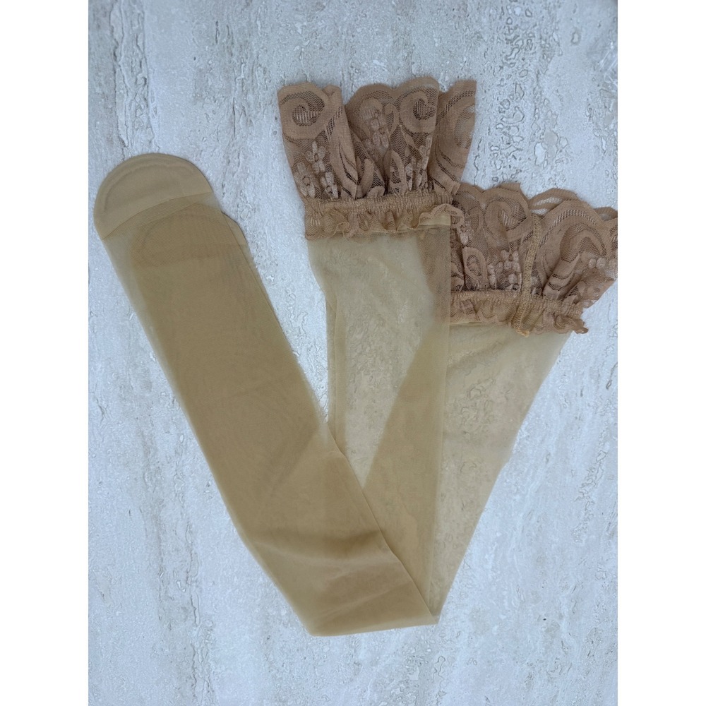 Vintage Nude Lace Top Thigh High Stockings Sheer Nylon Hosiery Deadstock